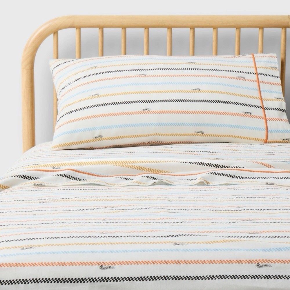 Hot Wheels Queen Cotton Sheet Set Cream Checkered Stripe Pillowfort New